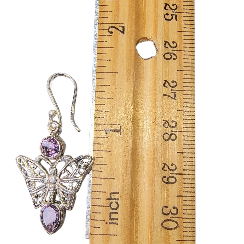 Sterling Silver Filigree Butterfly Earrings with Amethyst Gemstones - Picture 3 of 9
